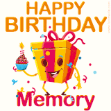 A vibrant and funny gift box character with a happy face dancing with a cupcake and the text 'Happy Birthday Memory,' surrounded by animated confetti and party vibes.
