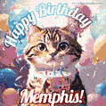 Happy birthday gif for Memphis with cat and cake