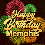 Golden text reading 'Happy Birthday Memphis' surrounded by vibrant fireworks in red, green, and yellow, set against a dark background in this celebratory birthday GIF.