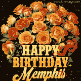 Animated bouquet of orange roses with moving butterfles and golden 'Happy Birthday Memphis' text, surrounded by sparkling accents and a dark backdrop for a luxurious feel.