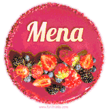 Beautifully decorated red velvet berry birthday cake with vibrant fruits and a glowing 'Mena' name, adding a touch of sweetness and sparkle.