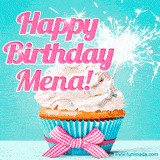 A festive cupcake with pink icing, a gingham bow, and a lit animated sparkler, paired with 'Happy Birthday Mena!' in bright pink text.