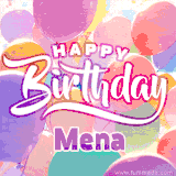 A vibrant name GIF featuring colorful balloons in shades of pink, orange, and yellow with the bold text 'Happy Birthday Mena' in festive fonts, creating a lively birthday vibe.