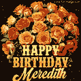 Beautiful bouquet of orange and red roses for Meredith, golden inscription and twinkling stars