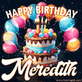 Hand-drawn happy birthday cake adorned with an arch of colorful balloons - name GIF for Meredith