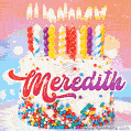 Personalized for Meredith elegant birthday cake adorned with rainbow sprinkles, colorful candles and glitter
