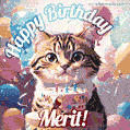 Happy birthday gif for Merit with cat and cake