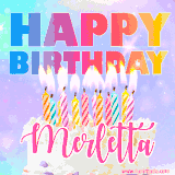 A vibrant animated name GIF with the words 'Happy Birthday Merletta' with colorful candles on a creamy cake. The background sparkles with pastel shades, adding a festive touch.