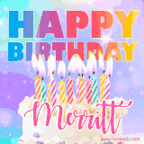 A vibrant animated name GIF with the words 'Happy Birthday Merritt' with colorful candles on a creamy cake. The background sparkles with pastel shades, adding a festive touch.