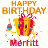 A vibrant and funny gift box character with a happy face dancing with a cupcake and the text 'Happy Birthday Merritt,' surrounded by animated confetti and party vibes.