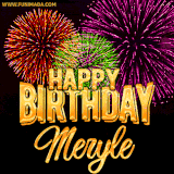 A golden 'Happy Birthday Meryle' message with vibrant fireworks in the background, creating a festive and celebratory vibe in this animated name GIF.