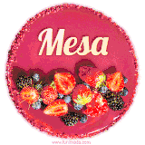 Beautifully decorated red velvet berry birthday cake with vibrant fruits and a glowing 'Mesa' name, adding a touch of sweetness and sparkle.