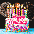 Amazing Animated GIF Image for Meshilem with Birthday Cake and Fireworks
