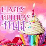 A vibrant birthday GIF featuring a rainbow-colored cupcake topped with white frosting, sprinkles, and a lit candle. The text reads 'Happy Birthday Metit' in bold pink and violet letters with white outline.