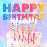 A vibrant animated name GIF with the words 'Happy Birthday Metit' with colorful candles on a creamy cake. The background sparkles with pastel shades, adding a festive touch.