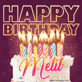 A colorful birthday cake topped with lit candles, with the words 'Happy Birthday Metit' in bold glowing letters on a burgundy background. Animated flames add a festive touch.
