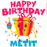 A vibrant and funny gift box character with a happy face dancing with a cupcake and the text 'Happy Birthday Metit,' surrounded by animated confetti and party vibes.