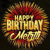 Golden 'Happy Birthday Metztli' text accompanied by animated rainbow fireworks for a festive animated greeting.