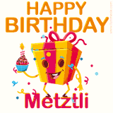 A vibrant and funny gift box character with a happy face dancing with a cupcake and the text 'Happy Birthday Metztli,' surrounded by animated confetti and party vibes.