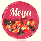 Beautifully decorated red velvet berry birthday cake with vibrant fruits and a glowing 'Meya' name, adding a touch of sweetness and sparkle.