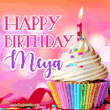 A vibrant birthday GIF featuring a rainbow-colored cupcake topped with white frosting, sprinkles, and a lit candle. The text reads 'Happy Birthday Meya' in bold pink and violet letters with white outline.