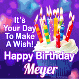 A colorful birthday GIF for Meyer featuring a cupcake with vibrant lit candles and the text 'It's Your Day to Make a Wish! Happy Birthday Meyer' in bold letters on a festive purple background.