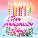A white birthday cake covered in colorful sprinkles, topped with bright candles, and French text 'Bon Anniversaire Meyer' on a pastel gradient background in an animated GIF.
