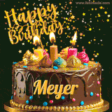 A delightful chocolate birthday cake with bright candles and 'Happy Birthday Meyer' written in gold amidst a shower of animated stars.