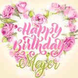 A stunning heart made of pink roses surrounds the elegant script text 'Happy Birthday Meyer' on a soft beige background. Animated sparkles add a magical and festive feel.