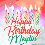 Bright birthday candles with rainbow flames on a cake, alongside the text 'Happy Birthday Meylin' in vibrant script in this celebratory animated GIF.