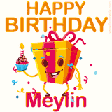 A vibrant and funny gift box character with a happy face dancing with a cupcake and the text 'Happy Birthday Meylin,' surrounded by animated confetti and party vibes.