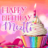 A vibrant birthday GIF featuring a rainbow-colored cupcake topped with white frosting, sprinkles, and a lit candle. The text reads 'Happy Birthday Meztli' in bold pink and violet letters with white outline.