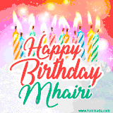Bright birthday candles with rainbow flames on a cake, alongside the text 'Happy Birthday Mhairi' in vibrant script in this celebratory animated GIF.