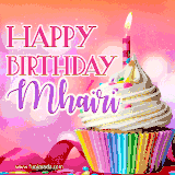 A vibrant birthday GIF featuring a rainbow-colored cupcake topped with white frosting, sprinkles, and a lit candle. The text reads 'Happy Birthday Mhairi' in bold pink and violet letters with white outline.