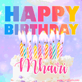 A vibrant animated name GIF with the words 'Happy Birthday Mhairi' with colorful candles on a creamy cake. The background sparkles with pastel shades, adding a festive touch.