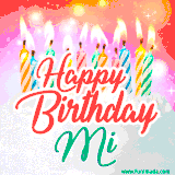 Bright birthday candles with rainbow flames on a cake, alongside the text 'Happy Birthday Mi' in vibrant script in this celebratory animated GIF.