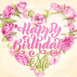 A stunning heart made of pink roses surrounds the elegant script text 'Happy Birthday Mi' on a soft beige background. Animated sparkles add a magical and festive feel.