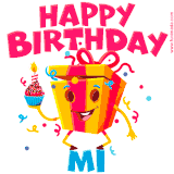 A vibrant and funny gift box character with a happy face dancing with a cupcake and the text 'Happy Birthday Mi,' surrounded by animated confetti and party vibes.