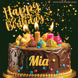 A delightful chocolate birthday cake with bright candles and 'Happy Birthday Mia' written in gold amidst a shower of animated stars.