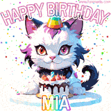 Adorable party-themed animated cat next to a lit birthday cake with text that says 'Happy Birthday Mia,' surrounded by colorful decorations and sparkles.
