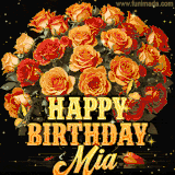 Animated bouquet of orange roses with moving butterfles and golden 'Happy Birthday Mia' text, surrounded by sparkling accents and a dark backdrop for a luxurious feel.