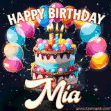 Bright birthday animation for Mia with a chocolate cake, candles, balloons, and glowing celebratory lights.
