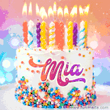 A cheerful white birthday cake with multicolor sprinkles, lit candles, and 'Mia' written in vibrant letters, in an animated GIF.