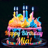 A mesmerizing animated cake with multicolor frosting and candles, and the words 'Happy Birthday Mia' on the black background.