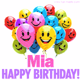 Animated colorful and joyful birthday balloons with cheerful smiles and a bright 'Happy Birthday Mia!' message in pink and purple.