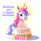 A cute moving unicorn with a birthday cake and candles, featuring 'Wishing you a happy birthday, Mia!' in colorful text.