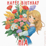 Bright floral birthday animation for Mia showing a cute cartoon girl with golden hair and expressive eyes holding a huge bouquet, surrounded by birthday text.