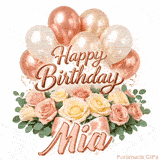 Seamlessly looping Happy Birthday Mia wish with pastel flowers and balloons