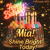Flickering candles of different colors on top of a chocolate glaze cake with Mia's name in elegant writing.