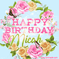 A charming animated GIF featuring 'Happy Birthday Micah' in pink and green text, surrounded by delicate roses, leaves, and fluttering butterflies on a soft light blue pastel background.